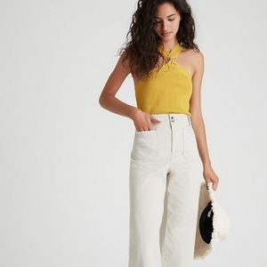 Anthropologie Maeve Hallee Embroidered Trouser Pant S Small 4 White Wide Leg